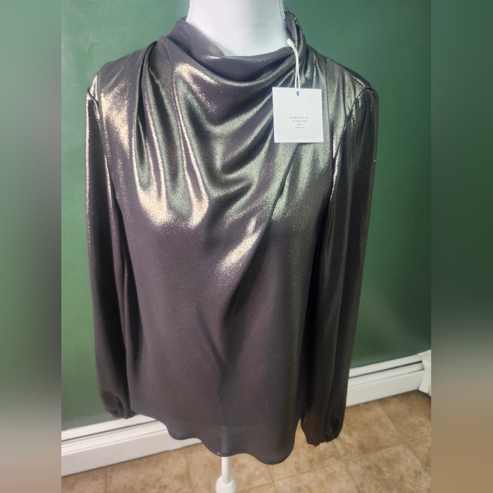 Lavender Brown Metallic Silver Long Sleeve Blouse - Picture 1 of 9